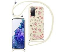 Phoona Cordon de Coque pour Samsung Galaxy S20 FE（5G）/S20 Lite/S20 6,5'', Aesthetic Fleur Motif Design Silicone Cover avec Laniere Accroché Autour Collier Réglable Housse Antichoc Case, Blanc Cassé03