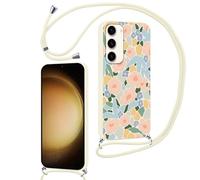 Phoona Cordon de Coque pour Samsung Galaxy S23 5G 6,1'', Fleur Aesthetic Motif Design Slim Silicone Bumper Cover avec Laniere Accroché Autour Collier Réglable Antichoc Housse Protection Caméra Case,9