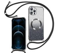 Phoona Couqe Magnétique pour iPhone 12 Pro Max avec Cordon, Noir | Compatible avec MagSafe, Brillant Glitter Pailleté Antichoc Durable Résistante Etui Housse Anti-Poussière Soft TPU Bumper