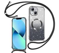 Phoona Couqe Magnétique pour iPhone 13 avec Cordon, Noir | Compatible avec MagSafe, Brillant Glitter Pailleté Antichoc Durable Résistante Etui Housse Anti-Poussière Soft TPU Bumper