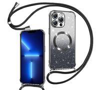 Phoona Couqe Magnétique pour iPhone 13 Pro Max Con Cordon, Compatible avec MagSafe, Brillant Glitter Pailleté Antichoc Etui Housse pour iPhone 13 Pro Max Anti-Poussière Soft TPU Bumper, Noir