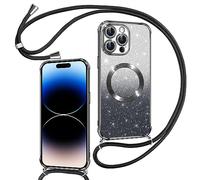 Phoona Couqe Magnétique pour iPhone 14 Pro Max Con Cordon, Compatible avec MagSafe, Brillant Glitter Pailleté Antichoc Etui Housse pour iPhone 14 Pro Max Anti-Poussière Soft TPU Bumper, Noir