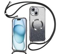 Phoona Couqe Magnétique pour iPhone 15 Plus Con Cordon, Compatible avec MagSafe, Brillant Glitter Pailleté Antichoc Durable Résistante Etui Housse pour iPhone 15 Plus Anti-Poussière Bumper, Noir