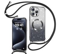 Phoona Couqe Magnétique pour iPhone 15 Pro Max Con Cordon, Compatible avec MagSafe, Brillant Glitter Pailleté Antichoc Durable Résistante Etui Housse pour iPhone 15 Pro Max Soft TPU Bumper, Noir
