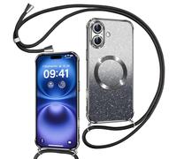 Phoona Couqe Magnétique pour iPhone 16 Plus Con Cordon, Compatible avec MagSafe, Brillant Glitter Pailleté Antichoc Durable Résistante Etui Housse pour iPhone 16 Plus Bumper, Noir