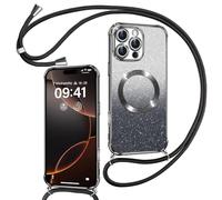 Phoona Couqe Magnétique pour iPhone 16 Pro Max Con Cordon, Compatible avec MagSafe, Brillant Glitter Pailleté Antichoc Durable Résistante Etui Housse pour iPhone 16 Pro Max Bumper, Noir