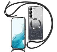 Phoona Couqe Magnétique pour Samsung Galaxy S22 Con Cordon, Compatible avec MagSafe, Brillant Glitter Pailleté Antichoc Durable Etui Housse pour Samsung S22 Anti-Poussière Soft TPU Bumper, Noir