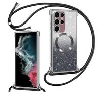 Phoona Couqe Magnétique pour Samsung Galaxy S22 Ultra 5G Con Cordon, Compatible avec MagSafe, Brillant Glitter Pailleté Antichoc Durable Résistante Etui Housse pour Samsung S22 Ultra 5G Bumper, Noir