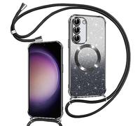 Phoona Couqe Magnétique pour Samsung Galaxy S23 Plus 5G Con Cordon, Compatible avec MagSafe, Brillant Glitter Pailleté Antichoc Durable Résistante Etui Housse pour Samsung S23 Plus 5G Bumper, Noir