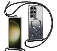 Phoona Couqe Magnétique pour Samsung Galaxy S23 Ultra 5G Con Cordon, Compatible avec MagSafe, Brillant Glitter Pailleté Antichoc Durable Etui Housse pour Samsung S23 Ultra Anti-Poussière Bumper, Noir