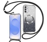 Phoona Couqe Magnétique pour Samsung Galaxy S25 5G avec Cordon, Noir | Compatible avec MagSafe, Brillant Glitter Pailleté Antichoc Durable Résistante Etui Housse Anti-Poussière Soft TPU Bumper
