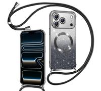 Phoona Magnétique Couqe avec Cordon pour iPhone 17 Pro Max,Noir | Compatible avec MagSafe,Brillant Glitter Pailleté Antichoc Durable Résistante Etui Housse pour iPhone 17 Pro max TPU Bumper