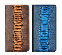 PHOPEER Étui à rabat en cuir véritable pour iPhone 15 Plus 6,7 pouces, style autruche avec emplacements pour cartes, coque pour iPhone 15 Plus (marron)
