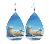 Phoque regardant les mouettes Boucles d'oreilles en cuir en forme de larme, lot de 2, crochets d'oreilles plaqués argent 925, antirouille, avec bouchons d'oreilles, convient pour les fêtes, la Saint-V