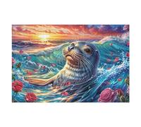 Phoque s'amusant dans Les Vagues 1000 Pièces Puzzle Collectionneur en Carton Haute Qualité Pinniped Ocean Bloom Haute Difficulté Décoration Murale Oeuvre d'art Cadeau Noël Premium 1000 PCS