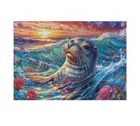 Phoque s'amusant dans Les Vagues 300 Pieces Casse-tête Famille en Carton sans Déformation Haute Qualité Pinniped Ocean Bloom Difficulté Moyenne Activité Familiale Anti-Stress Cadeau 300 PCS