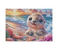 Phoque Vague de l'océan Coucher de Soleil Bord de mer Côte Vie décontractée Puzzle 300 Pièces pour Adultes Agréable Amusant Et Créatif Parfait pour Loisirs Et Moments Libres 300 PCS（40x28cm）