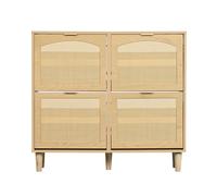 phosir Armoire à chaussures, avec 4 portes en rotin, étroite, style maison de campagne, blanche, 100 x 25 x 90 cm, peu encombrante pour couloir et petits appartements, avec système anti-basculement