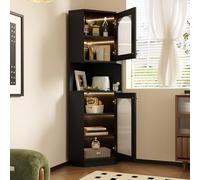 phosir Armoire de rangement d'angle 45 x 45 x 166,5 cm - Commode noire avec étagère ouverte et porte fermée, barre lumineuse LED - Pour couloir, salle de bain, salon, cuisine