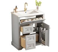 phosir Armoire de salle de bain, avec lavabo en céramique, 76 x 46 x 87 cm, résistante à l'humidité, tiroirs silencieux, blanc/gris, gris I