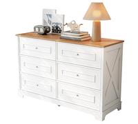 phosir Buffet 120 x 40 x 76 cm avec 6 tiroirs - Commode, meuble haut de style maison de campagne, motif grange rétro et poignées dorées, armoires blanches + bois naturel, pour salon, salle à manger