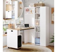 phosir Bureau pliable avec bibliothèque, prise et port USB, étagères réglables en hauteur, protection anti-basculement, peu encombrant, pour bureau à domicile, bureau et chambre d'adolescent