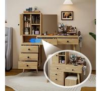 phosir Coiffeuse avec miroir extensible 5 tiroirs | Extensible pour plus de surface si nécessaire ; 5 tiroirs pour cosmétiques et outils de coiffage ; tabouret en kit - aucun