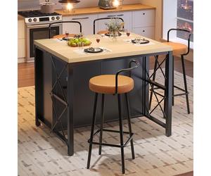 phosir Ensemble de table de bar pour 4 personnes avec tabourets de bar, barre lumineuse LED, espace de rangement, vitrine en verre, pour cuisine, salle à manger, bar, salon