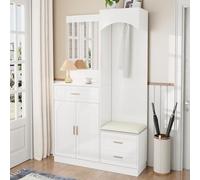 phosir Garde-robe de couloir blanc avec miroir et banc, armoire compacte et penderie, 110 x 33 x 185,5 cm (L x l x H) - Ensemble de garde-robe moderne avec armoire à chaussures - Garde-robe fermée