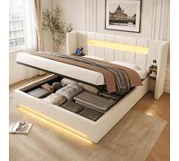 phosir Lit rembourré 160 x 200 cm, lit de rangement hydraulique avec housse en velours beige, prise de charge USB, éclairage LED et armoires rétro intégrées
