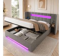 phosir Lit rembourré 160 x 200 cm, lit de rangement hydraulique avec housse en velours gris foncé, prise de charge USB, éclairage LED et armoires rétro intégrées