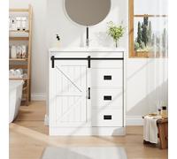 phosir Meuble de lavabo avec lavabo en céramique, design porte de grange, tiroirs et armoire, blanc, armoire de salle de bain moderne, 73 x 46 x 87 cm