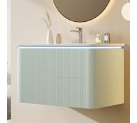 phosir Meuble de lavabo suspendu au mur, 80,5 x 47,5 x 51 cm, vert, capteur LED, structure 3D, 4 tiroirs, lavabo en céramique intégré, résistant à l'humidité, pour salle de bain et WC d'invités