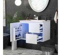 phosir Meuble sous lavabo suspendu 76 cm avec capteur radar LED, lavabo en céramique et 2 tiroirs à fermeture douce | MDF imperméable pour toilettes d'invités et petites salles de bains