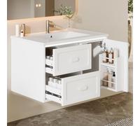 phosir Meuble sous lavabo suspendu 76 cm blanc - Capteur radar LED, lavabo en céramique, 2 tiroirs à fermeture douce, entièrement laqué, pour toilettes d'invités et petites salles de bain