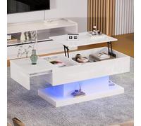 phosir Table basse blanche brillante avec élévation hydraulique et éclairage LED, plateau relevable et coulissant, 100 x 50 x 45 cm, table basse avec espace de rangement