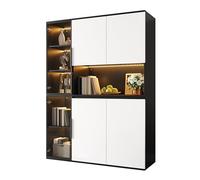phosir Vitrine LED Finition Noire et Bois 138 cm, Meuble de Rangement avec 2 tiroirs et Portes en Acrylique, bibliothèque à étagères pour Salon et Bureau