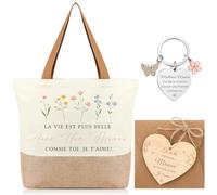 Photect Cadeau pour Maman, Sac Cabas en Jute, Porte-Clés avec Pendentifs Pétales et Papillons, Plaque en Bois en Forme de Cœur, Enveloppe, Cadeau pour Fête des Mères Anniversaire
