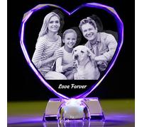 Photo en cristal 2D/3D personnalisée en verre - Souvenir en forme de cœur gravé avec votre propre image (anniversaire, mariage, fête des mères, fête des pères, Saint-Valentin, Noël)