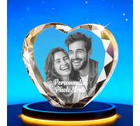 Photo en Cristal 3D Personnalisée Photo Personnalisée en Verre Gravé au Laser Cristal Image 3D Personnalisé, Socle en Option Cadeaux pour Noël Anniversaires Fêtes (Image d'un cristal en forme de cœur)
