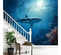 Photo - Fresque murale représentant des requins et des coraux, idéale pour le salon, la chambre ou comme décoration murale derrière la télévision. Grande fresque murale marine en 3D, 250 cm x 175 cm.