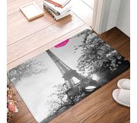 Photo monochrome romantique de la Tour Eiffel à Paris, avec bancs roses et une trace de baiser. Tapis d'entrée résistant et doux, tapis de bienvenue, semelle en caoutchouc pour intérieur et extérieur,