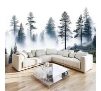 Photo Murale 200 x 140 cm - Blanc Papier Peint Intissé Haute Qualité - Décoration Intérieure pour Salon Chambre à Coucher - Aquarelle Forêt De Pins Enveloppée Nuages Paysage Poster Panoramique Mural