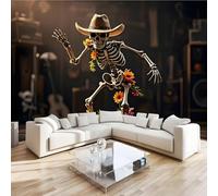 Photo Murale Crâne Cow-boy 3D Papier Peint Panoramique Musique Rétro Tapisserie Intissé Salon Poster Décoration Murale pour Chambre Bureau Adulte Enfant 300x230 cm