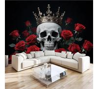 Photo Murale Crâne Roses 3D Papier Peint Panoramique Rétro Art Tapisserie Intissé Salon Poster Décoration Murale pour Chambre Bureau Adulte Enfant 122x91 cm