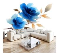 Photo Murale Enfant Panoramique Fleurs Roses bleues Aquarelle - 300 x 210 cm Papier Peint Intissé Personnalisé Papier Peint pour Adulte Adolescent Restaurant Décoration Murale, Effet 3D