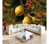 Photo Murale Enfant Panoramique Fruit Citron Floral Vert olive - 200 x 140 cm Papier Peint Intissé Personnalisé Papier Peint pour Adulte Adolescent Restaurant Décoration Murale, Effet 3D