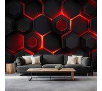 Photo Murale Enfant Panoramique Moderne Technologie Hexagone Géométrie - 150 x 105 cm Noir Rouge Papier Peint Intissé Personnalisé Papier Peint pour Adulte Adolescent Restaurant Décoration Murale