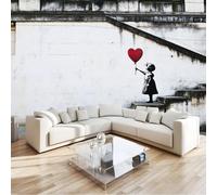 Photo Murale Fille tenant un ballon rouge Papier Peint Panoramique Tapisserie Intissé Graffiti Street Art Murales Poster Décoration Murale pour Salon Bureau Adulte Enfant, 200 x 140 cm
