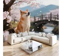 Photo Murale Japon Shiba Inu 3D Papier Peint Panoramique Fleurs De Cerisier Montagnes Enneigées Tapisserie Intissé Salon Poster Décoration Murale pour Chambre Bureau Adulte Enfant 250x175 cm
